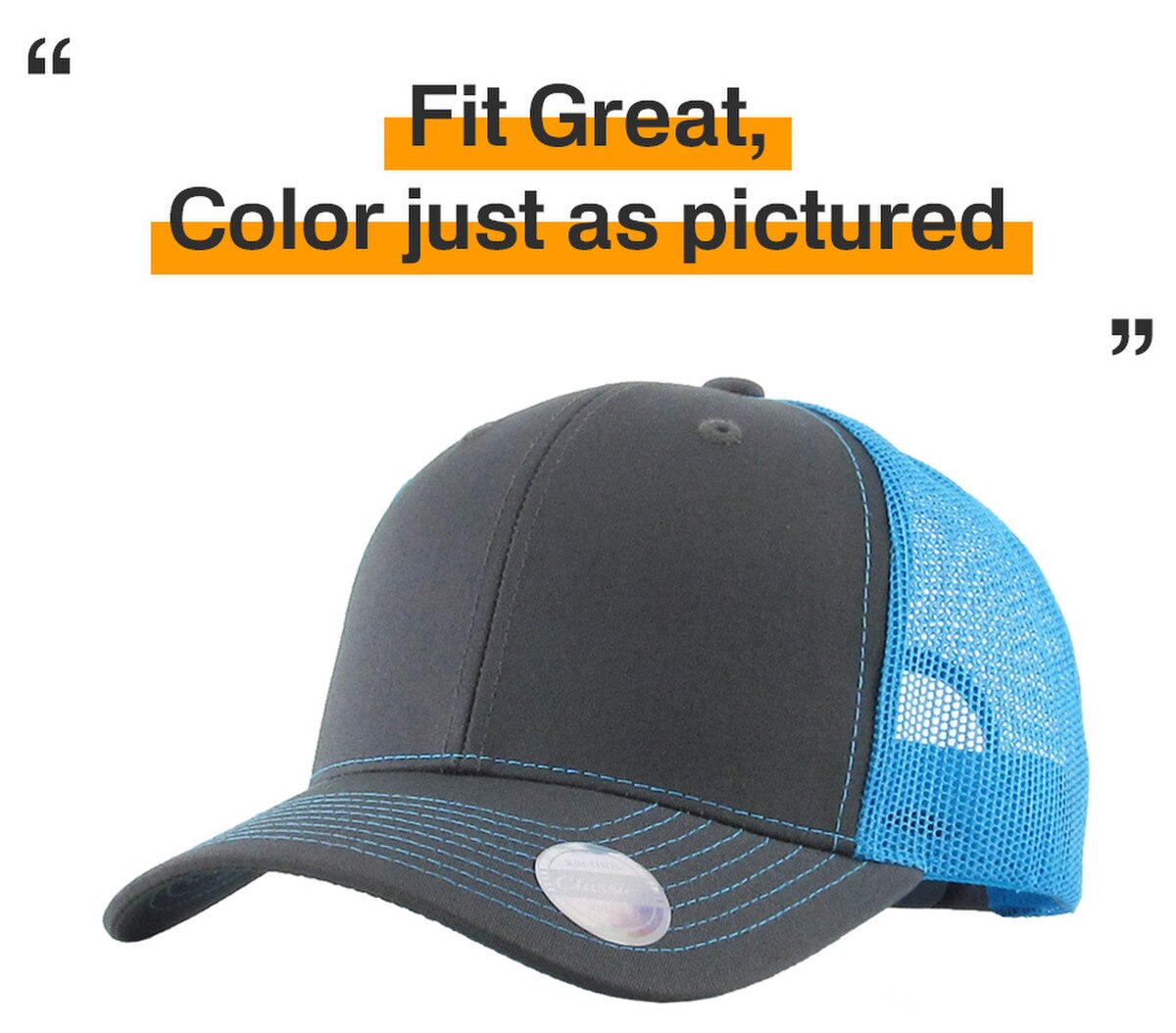 Dark Gray Neon Blue Two Tone Classic 6 Panel Trucker Mesh Snapback Side View Fit Great